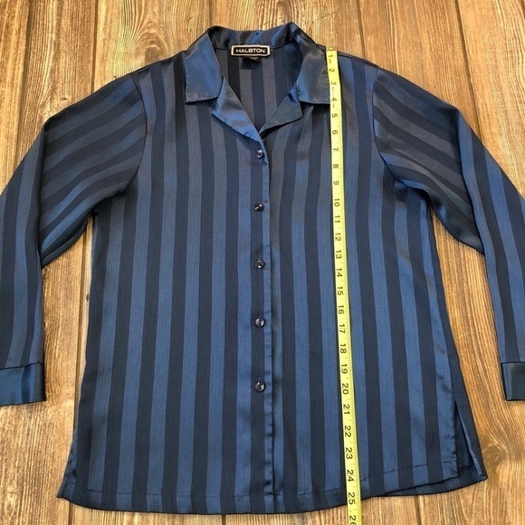 HALSTON Blue Striped Silk Texture Button Up Shirt XS - Picture 4 of 6